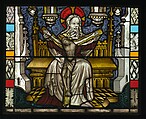 Saint Dorothea with Jesus and a Basket of Roses, and with the Trinity below (from a series with The Virgin Mary and Five Standing Saints), Pot-metal and colorless glass with vitreous paint and silver stain, German