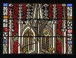 Saint Dorothea with Jesus and a Basket of Roses, and with the Trinity below (from a series with The Virgin Mary and Five Standing Saints), Pot-metal and colorless glass with vitreous paint and silver stain, German