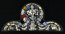 Saint Barbara Holding a Tower, with the Arms of the City of Maastrict below (from a series with The Virgin Mary and Five Standing Saints), Pot-metal glass, white glass, vitreous paint, silver stain, German