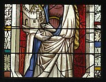 Saint Barbara Holding a Tower, with the Arms of the City of Maastrict below (from a series with The Virgin Mary and Five Standing Saints), Pot-metal glass, white glass, vitreous paint, silver stain, German