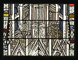 Saint Barbara Holding a Tower, with the Arms of the City of Maastrict below (from a series with The Virgin Mary and Five Standing Saints), Pot-metal glass, white glass, vitreous paint, silver stain, German