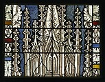 Saint Barbara Holding a Tower, with the Arms of the City of Maastrict below (from a series with The Virgin Mary and Five Standing Saints), Pot-metal glass, white glass, vitreous paint, silver stain, German