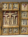 Triptych with the Passion of Christ, Mother-of-pearl, gilt wood frame, silk backing, and tooled leather covering, South German