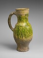 Pitcher, Earthenware, partially covered with a green lead glaze, French