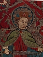 Section of Orphrey, Silk, gilt silver on membrane, paint, linen.  Weft-faced compound twill with embroidery, German
