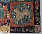 Textile Fragment with Unicorn, Deer, Centaur and Lion, Wool intarsia and applique with gilt leather and linen embroidery, Scandinavian
