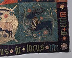 Textile Fragment with Unicorn, Deer, Centaur and Lion, Wool intarsia and applique with gilt leather and linen embroidery, Scandinavian