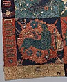 Textile Fragment with Unicorn, Deer, Centaur and Lion, Wool intarsia and applique with gilt leather and linen embroidery, Scandinavian