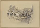 Preliminary Design for The Cloisters - View of the interior of Cuxa Cloister, Otto Reinhold Eggers  American, Graphite pencil and opaque green, yellow, and white watercolor on mat board, American