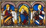 Marriage Panel of Gabriel Weydacher and his wife Juliana Wemis with the Virgin and Child and Saints Barbara and Catherine, Leonhard Beck  German, Colorless and pot-metal glass with vitreous paint and silver stain, German
