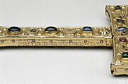 Reliquary Cross, Silver gilt, rock crystal, glass cabochons, and possible human remains; wood core, French