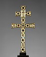 Reliquary Cross, Silver gilt, rock crystal, glass cabochons, and possible human remains; wood core, French