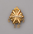 Cluster Brooch with Letters Spelling "Amor", Gold, pearls, diamond, emerald paste, and silver pin, French