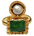 Double Gemstone Ring, Gold, pearl, emerald, Byzantine