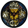 Quatrefoil Roundel with Arms and Secular Scenes, Pot-metal glass, white glass, vitreous paint, and silver stain, German