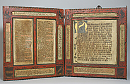 Devotional Diptych with inset Manuscript Texts, Polychromed wood, ink and pigment on paper and parchment, Austrian