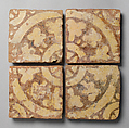 Four Two-Colored Tiles, Fired earthenware, with slip decoration and lead glaze, British