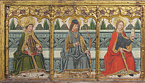 Predella panel with Saint Martial, Saint Sebastian, and Saint Mary Magdalen from Retable, Domingo Ram (Spanish, Aragon, active 1464–1507), Tempera on wood, gold ground, Spanish
