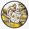 Roundel with Nude Woman Supporting a Heraldic Shield, Style of Jan Gossart (called Mabuse) (Netherlandish, Maubeuge ca. 1478–1532 Antwerp (?)), Colorless glass, vitreous paint and silver stain, South Netherlandish