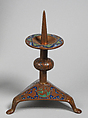Pricket Candlestick (one of a pair), Copper: engraved, scraped, stippled, and gilt; champlevé enamel: dark, medium, and light blue; green, yellow, red, and white on bronze, French