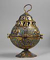 Censer, Copper: pierced, engraved, and gilt; champlevé enamel: medium blue, green, yellow, red, and white., French