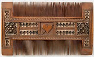 Comb, Boxwood inlaid with bone, and decorated with red and green silk, French (?)