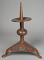Pricket Candlestick (one of a pair), Copper: engraved, scraped, stippled, and gilt; champlevé enamel: dark, medium, and light blue; green, yellow, red, and white on bronze, French