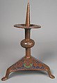Pricket Candlestick (one of a pair), Copper: engraved, scraped, stippled, and gilt; champlevé enamel: dark, medium, and light blue; green, yellow, red, and white on bronze, French