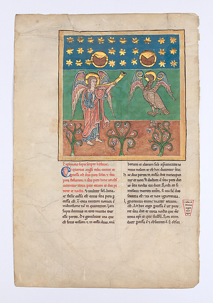 Leaf from a Beatus Manuscript: the Fourth Angel Sounds the Trumpet and an Eagle Cries Woe by an unrecorded maker, The Metropolitan Museum of Art
