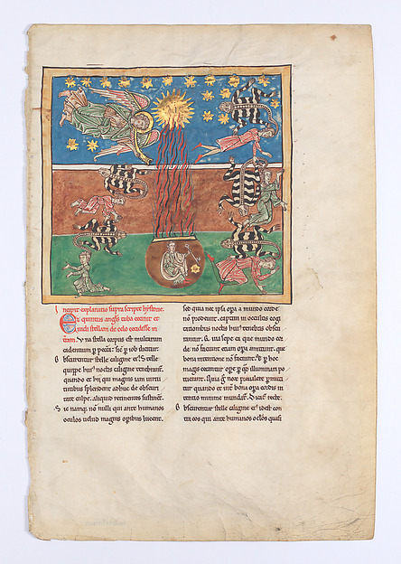 Leaf from a Beatus Manuscript: at the Clarion of the Fifth Angel's Trumpet, a Star Falls from the Sky; the Bottomless Pit is Opened with a Key; Emerging from the Smoke, Locusts Come Upon the Earth and Torment the Deathless