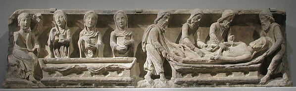 Lintel with the Entombment of Christ (right) and the Holy Women and Angel at the Sepulchre (left) by an unrecorded maker, The Metropolitan Museum of Art
