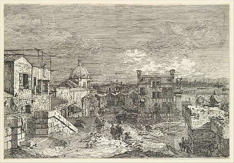 Image for Imaginary View of Venice, houses at left with figures on terraces, a domed church at center in the background, boats and boat-sheds below, and a seated man observing from a wall at right in the foreground, from &#39;Views&#39; (Vedute altre prese da i luoghi altre ideate da Antonio Canal)