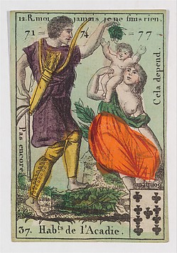 Hab.t de l'Acadie, from the playing cards (for quartets) "Costumes des Peuples Étrangers", Anonymous, French, 18th century  French, Etching and hand coloring (watercolor)