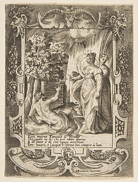 Image for Tantalus at left speaking to Diana at right, set within an elaborate frame, from "Loves, Rages and Jealousies of Juno"