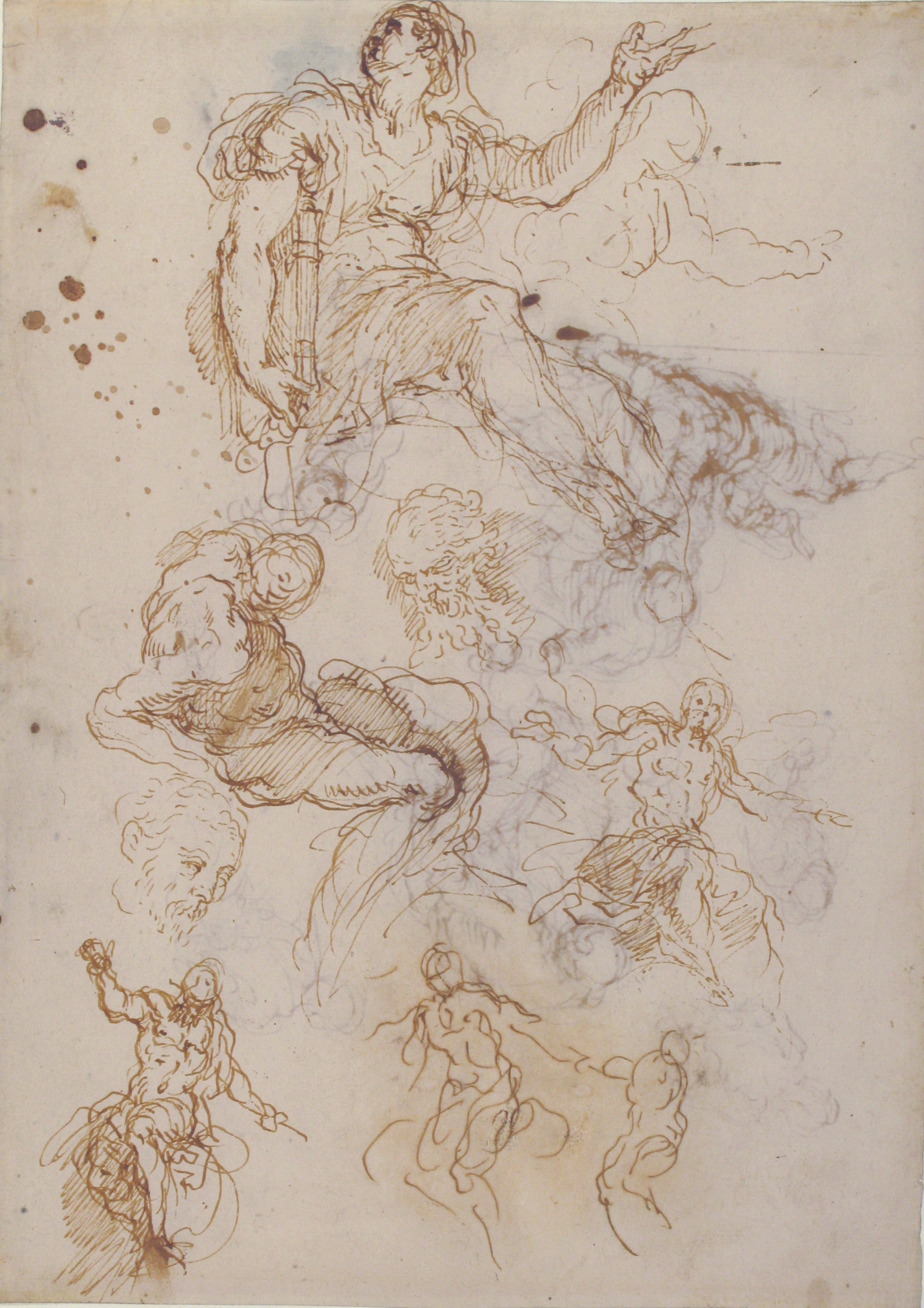 Jacopo Palma the Younger | Figure Studies: Seated Female Holding a Book,  Two Heads of Bearded Men, Seated Male Nude, and Four Sketches for Christ  Judging (recto); Studies for Cain Slaying Abel (