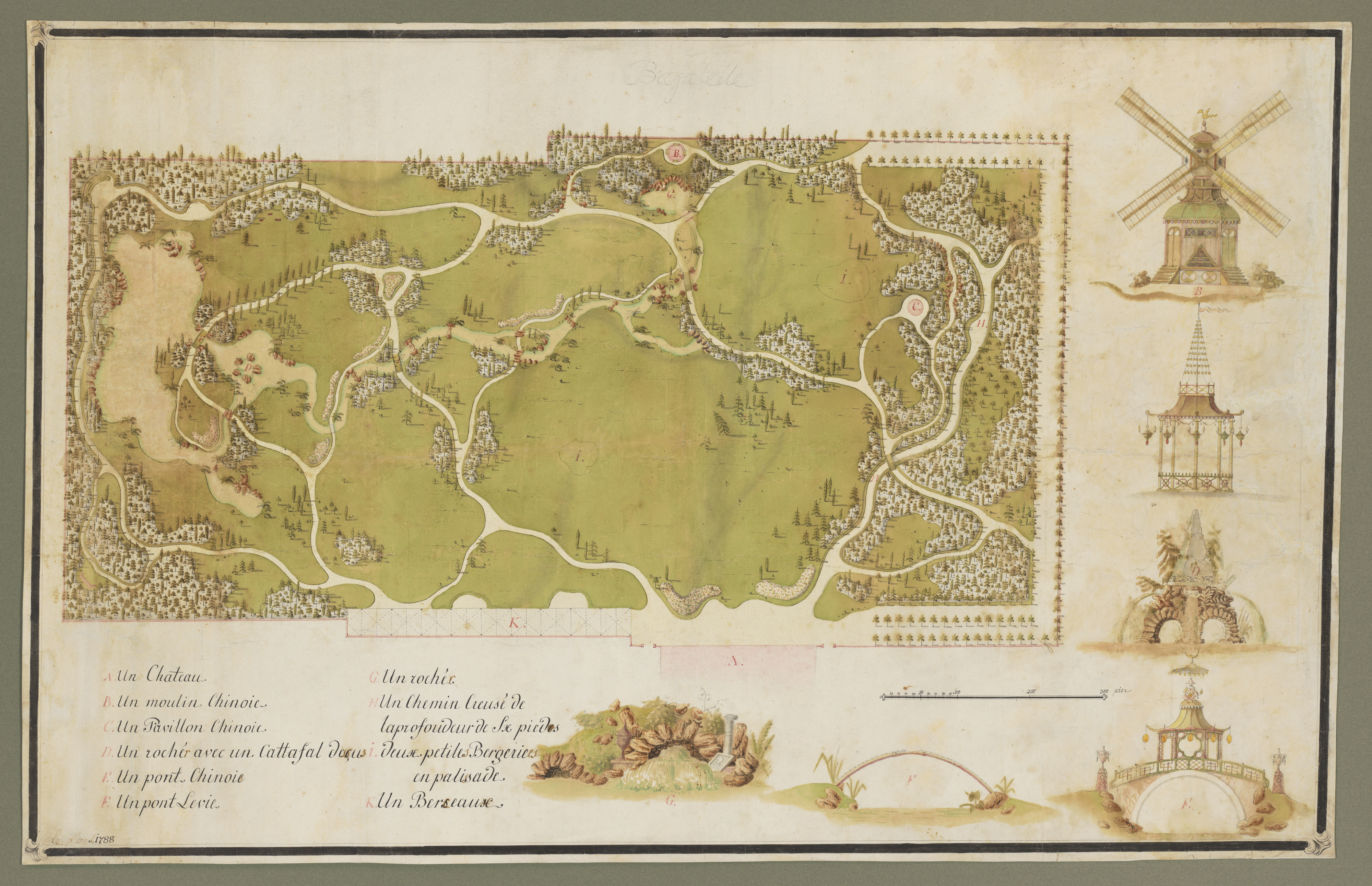 Anonymous, French, 18th century, Plan for the Bagatelle Gardens with Elevations of Follies in the Chinoiserie Style