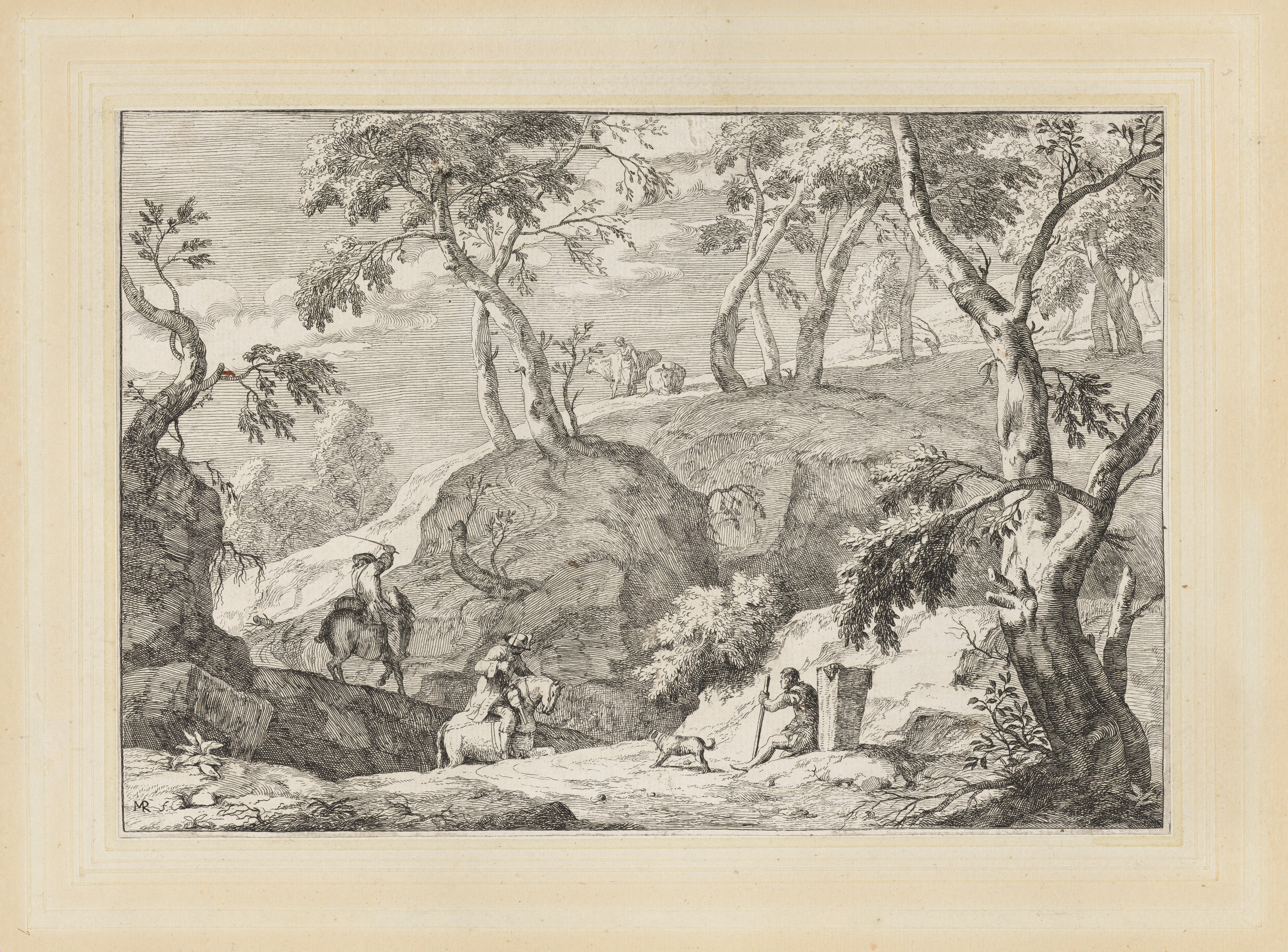 Mountain landscape with men on horseback and a seated man with a dog