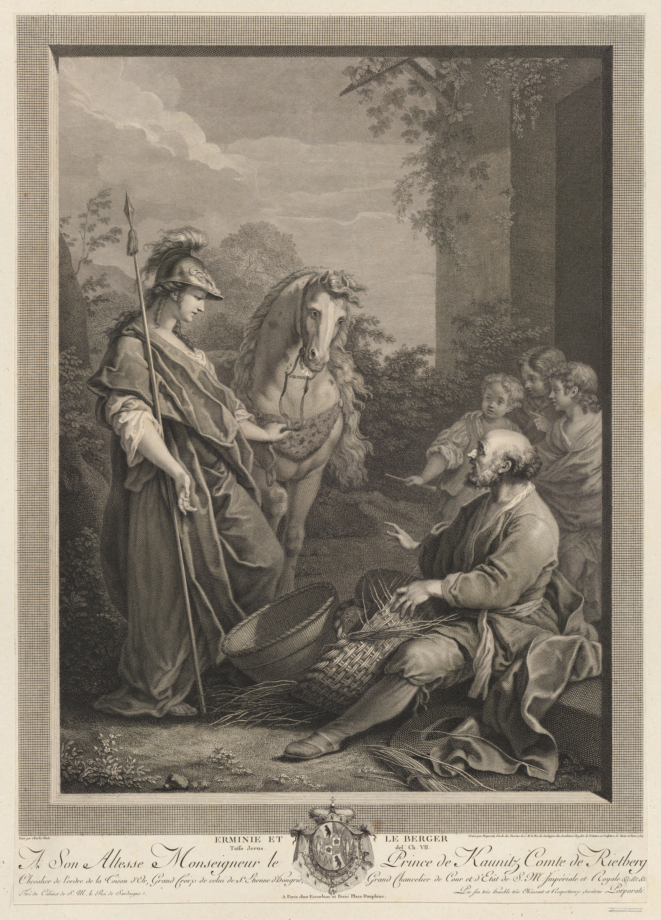 Erminie, wearing a helmet and standing with a horse at left, and the shepherd, who weaves a basket at right