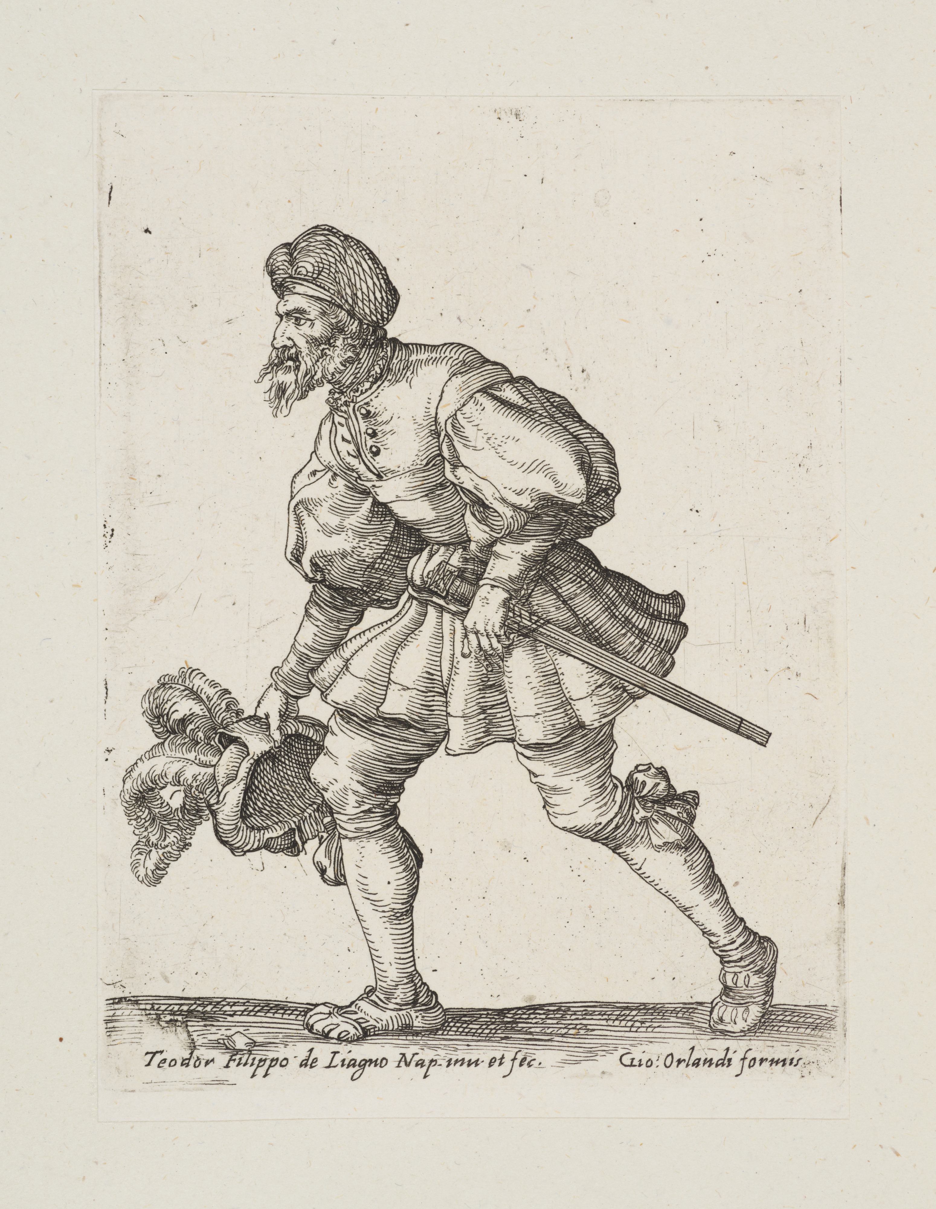 Soldier holding a plumed hat walking to the left, from the series 'Capricci e habiti militari'