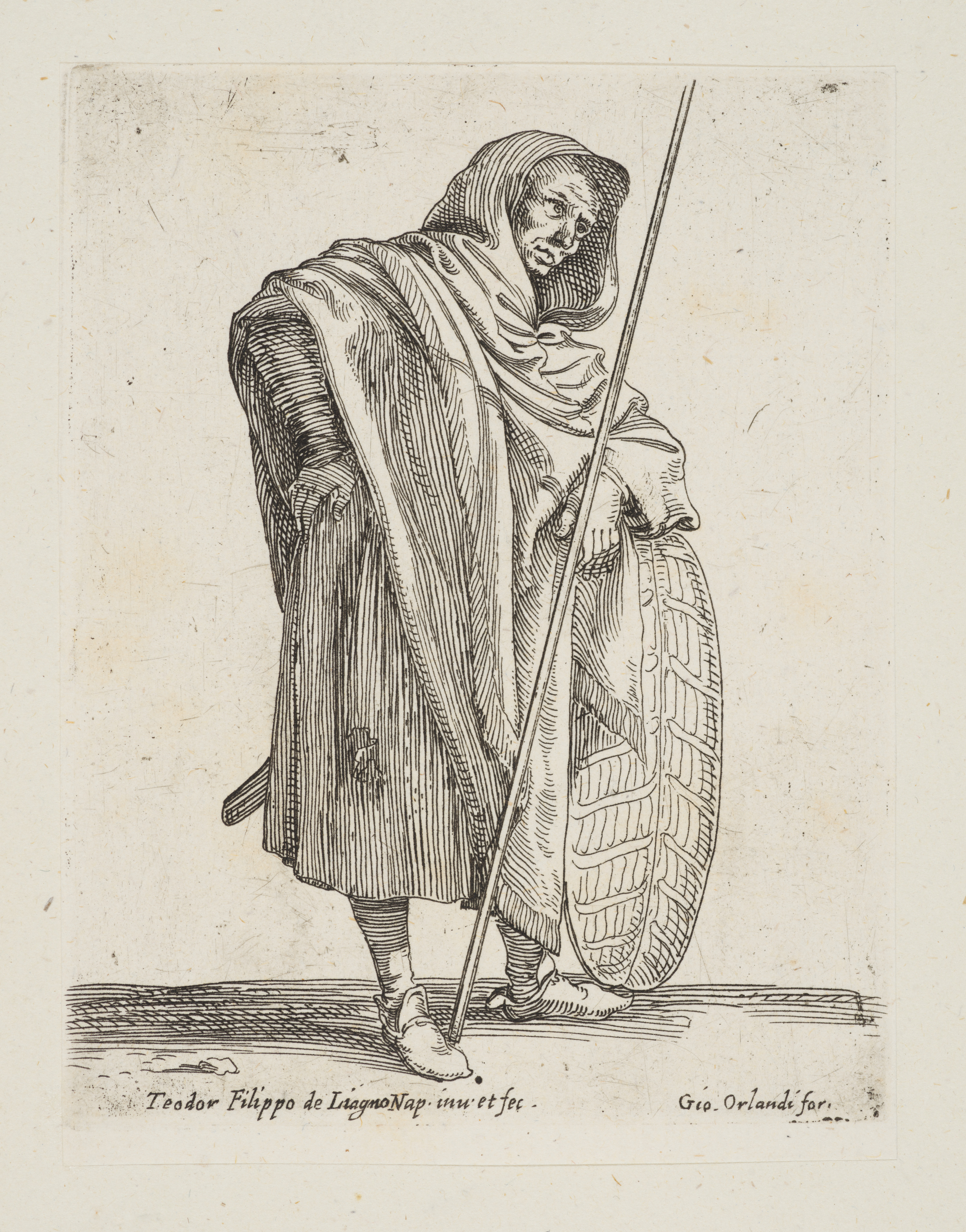 Standing solider holding a lance and a shield facing right, from the series 'Capricci e habiti militari'