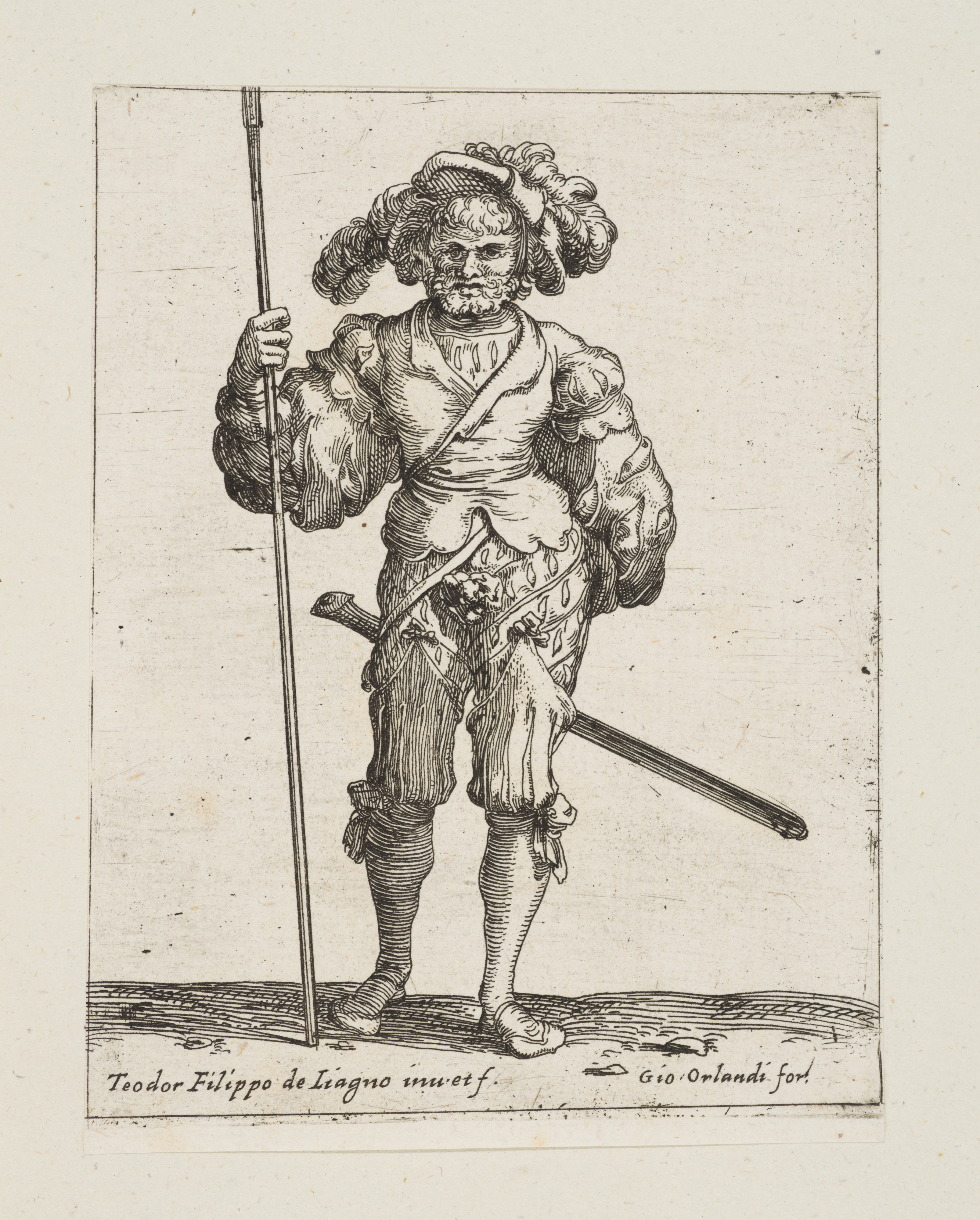 Soldier standing holding a lance, front view, from the series 'Capricci e habiti militari'