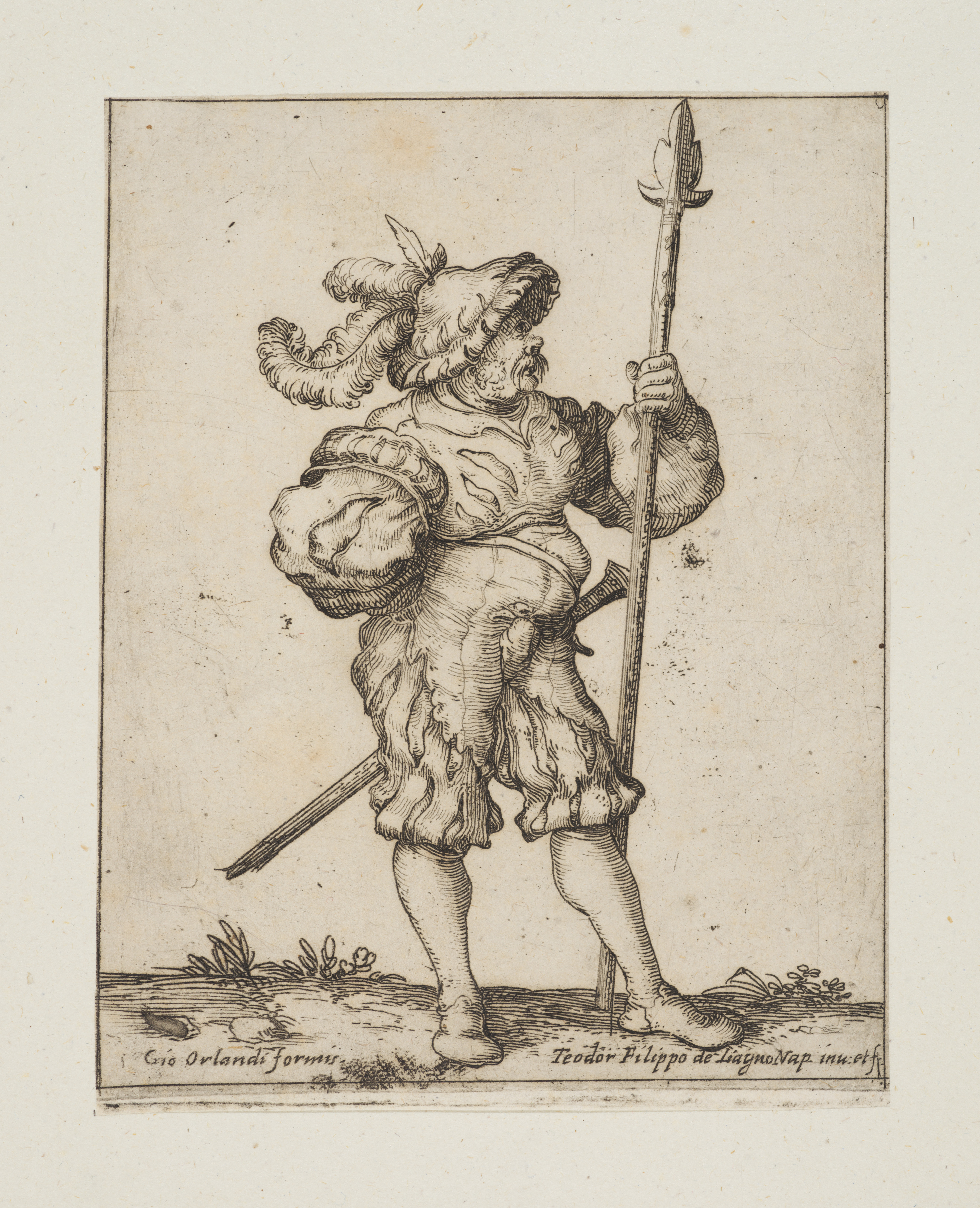 Standing soldier holding a lance facing right, from the series 'Capricci e habiti militari'