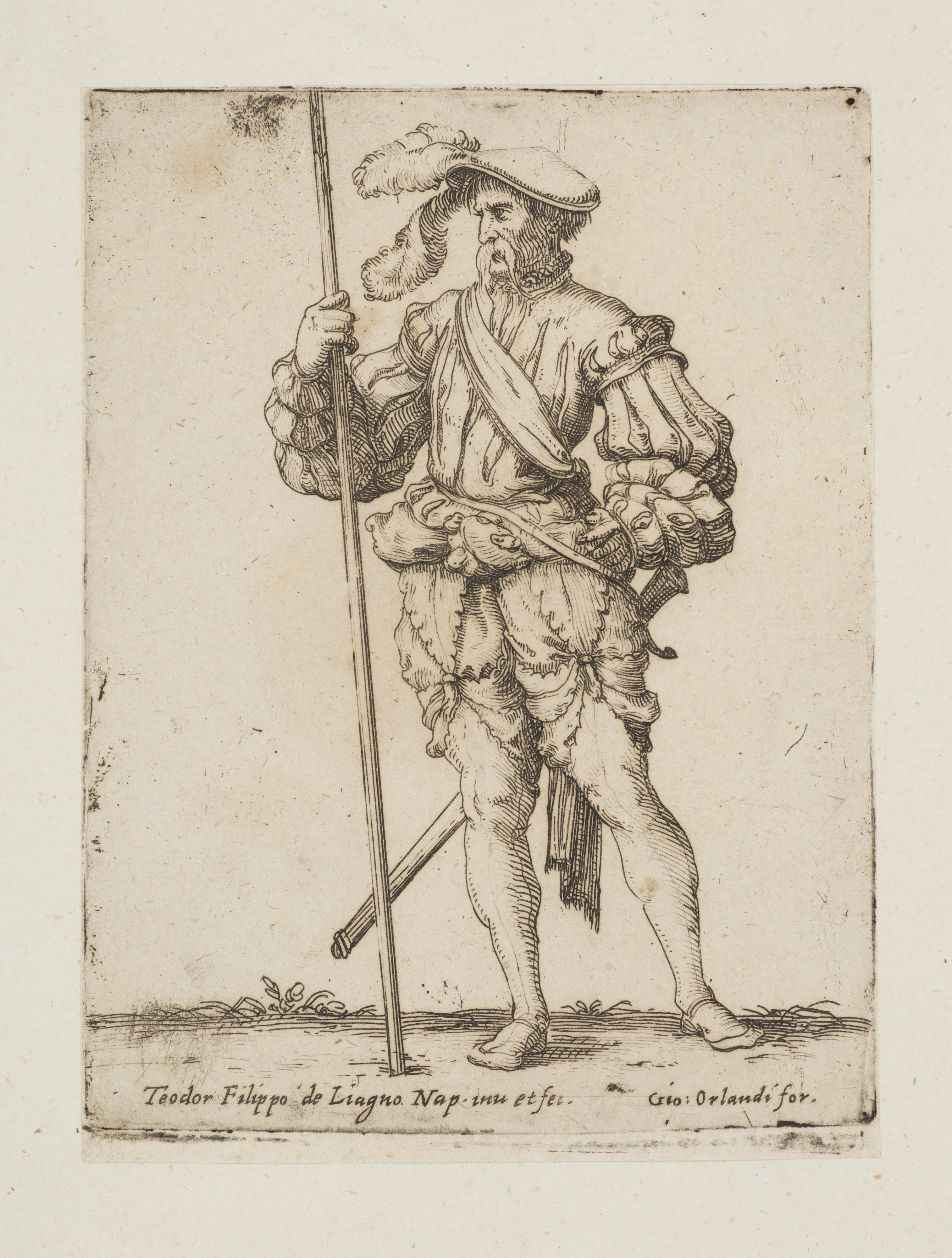 Standing solider holding a lance facing left, from the series 'Capricci e habiti militari'