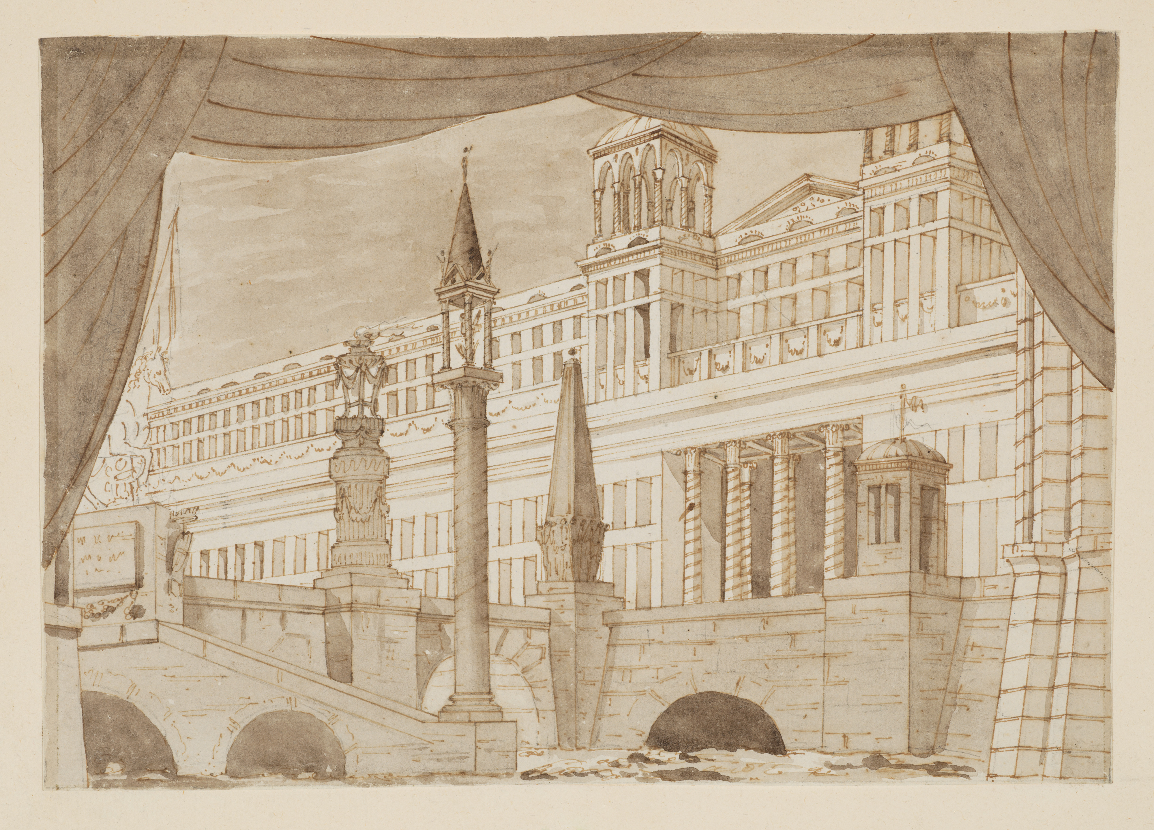Design for a Stage Set with a Palace and Bridge