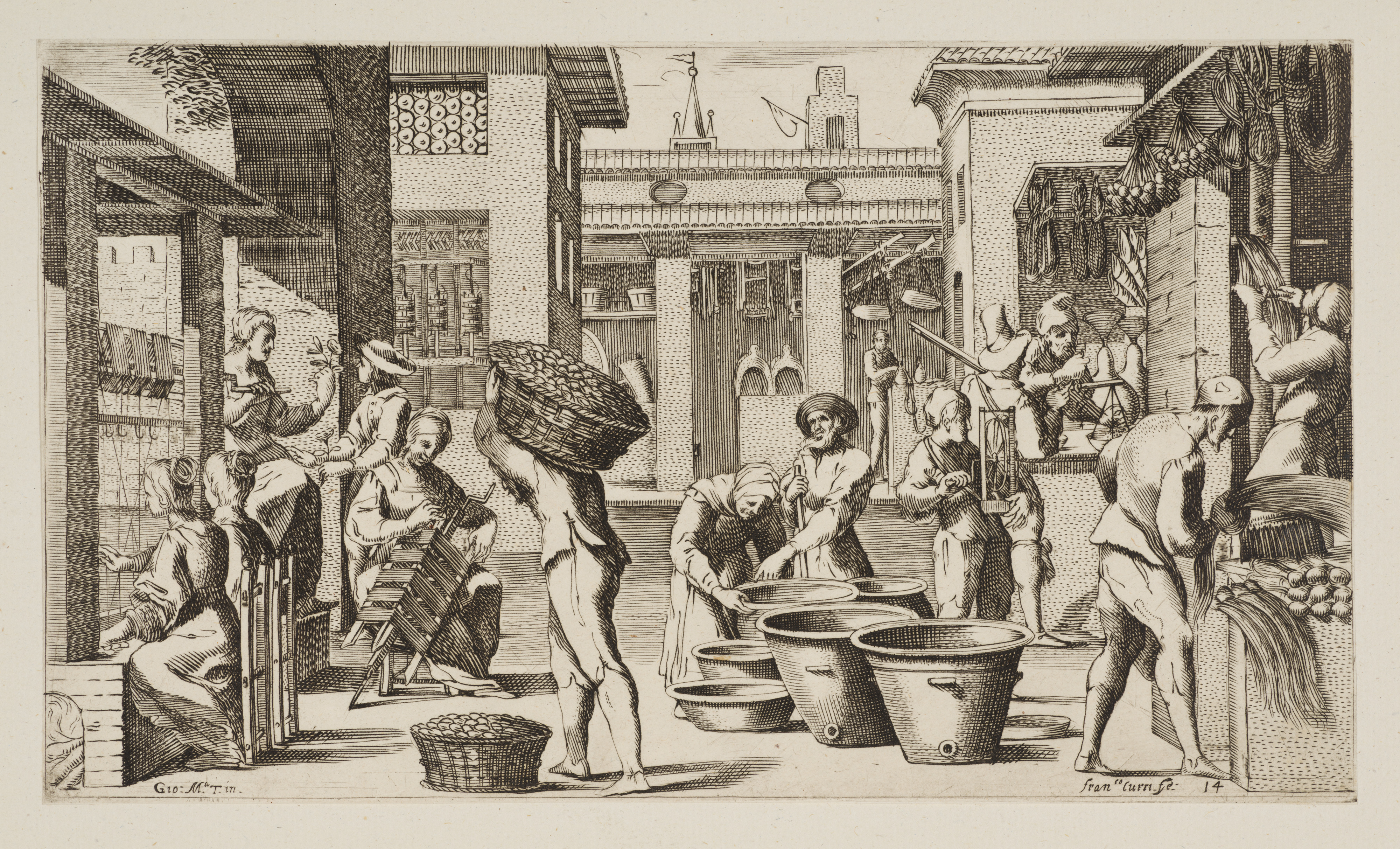 Plate 14: weavers, vendors, etc., from "Virtù ed Arti Esercitate in Bologna" (Trades of Bologna)