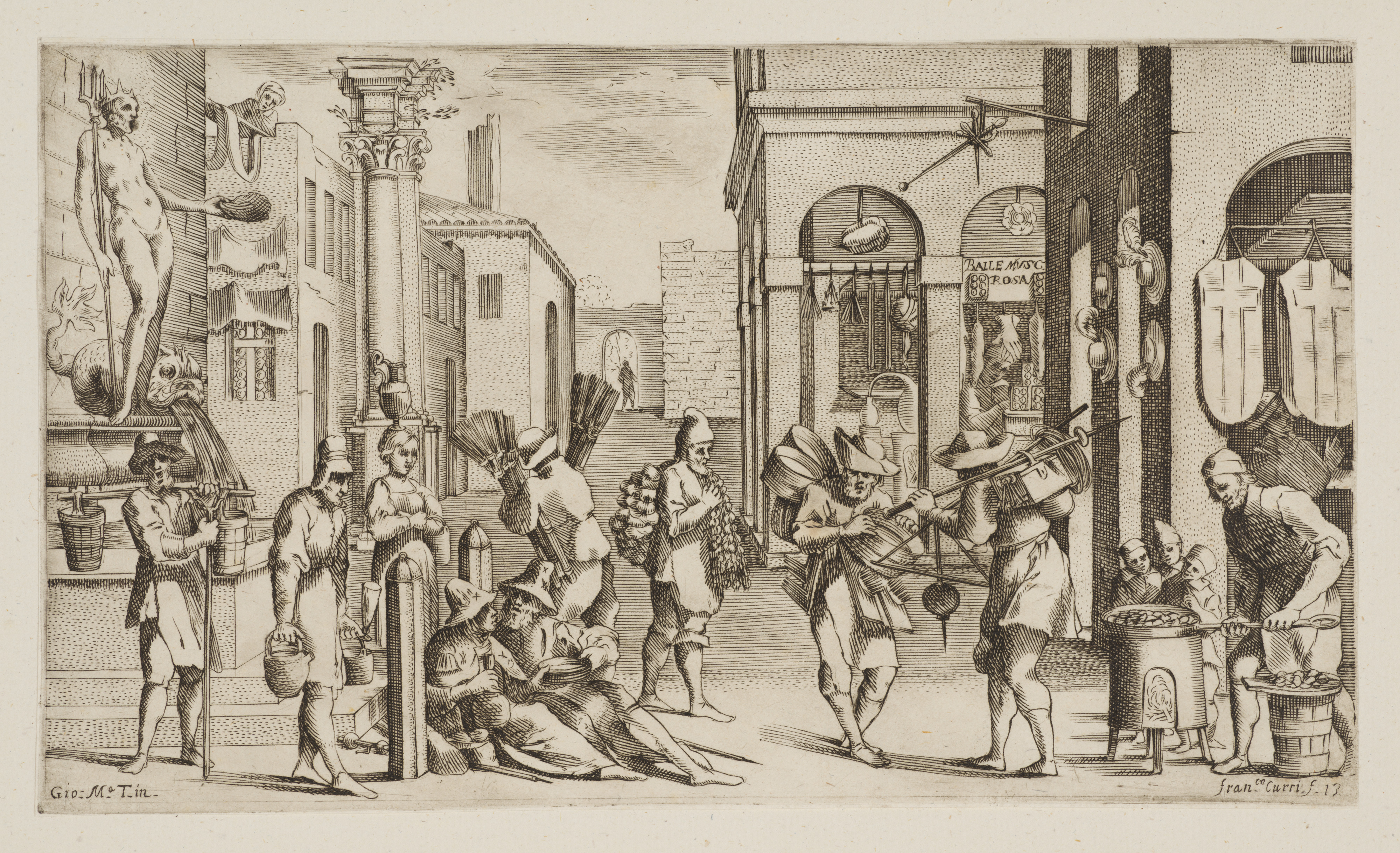 Plate 13: various vendors of pots, brooms, chestnuts, etc., from "Virtù ed Arti Esercitate in Bologna" (Trades of Bologna)