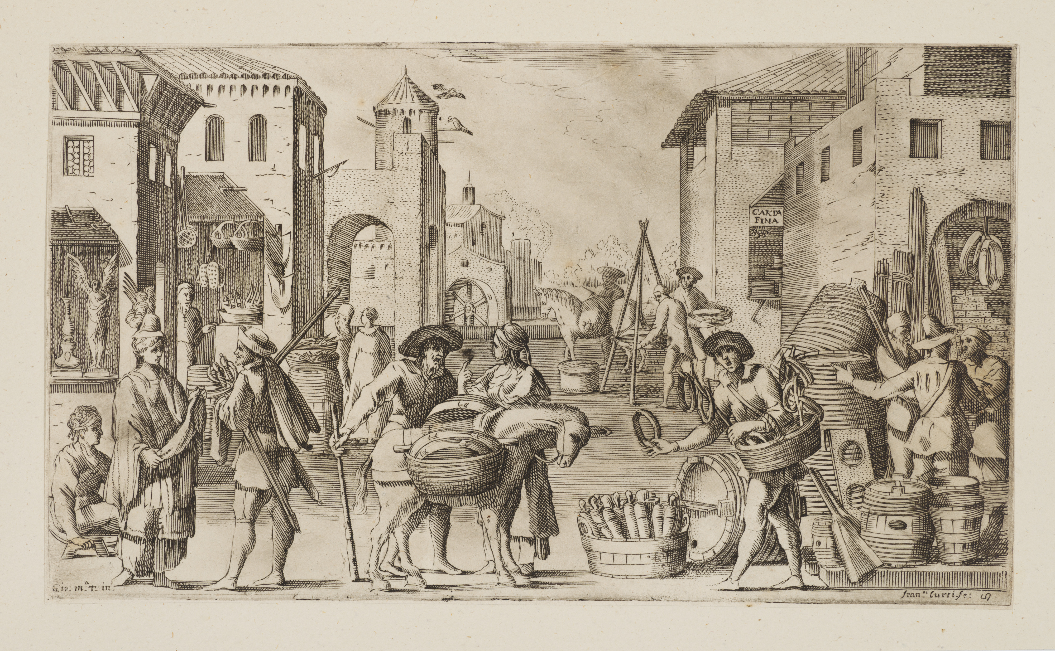 Plate 5: various market vendors, from "Virtù ed Arti Esercitate in Bologna" (Trades of Bologna)