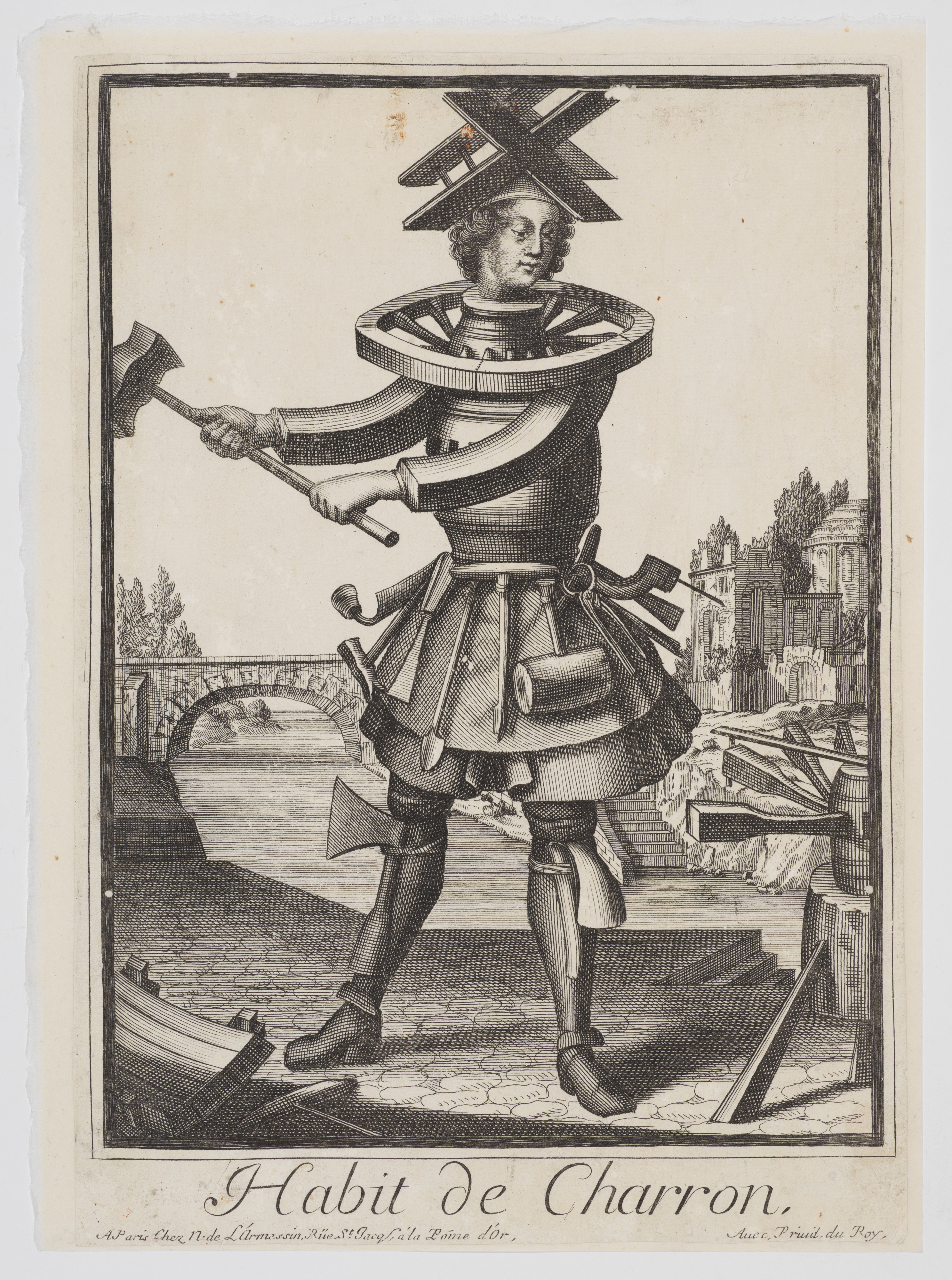 Wheelwright (cartwright) composed of the tools of his trade(Costumes Grotesques)
