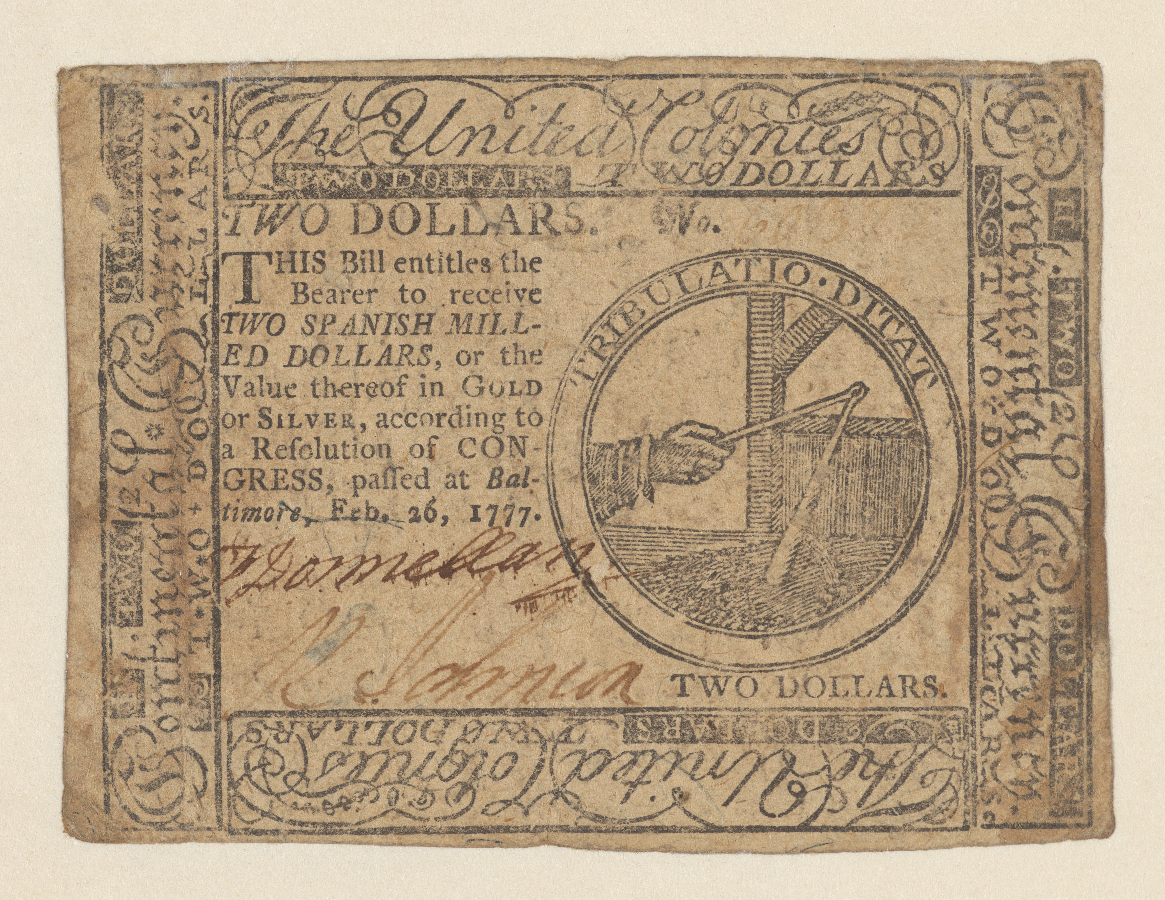 United Colonies Continental Currency – Two Dollars