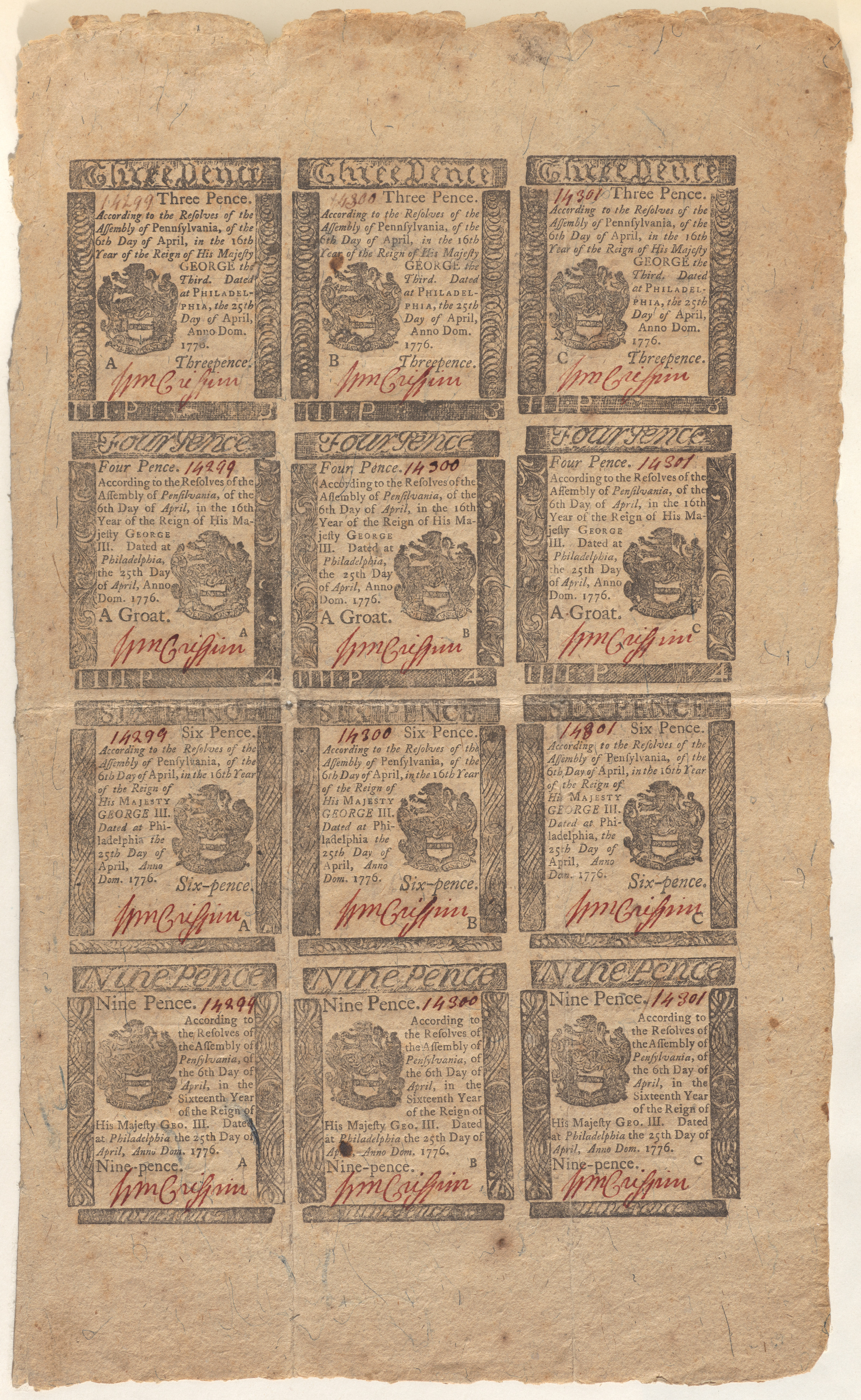 Uncut sheet of United States Continental currency